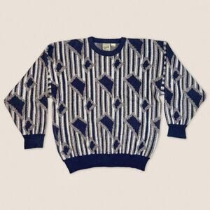 Vintage 90s Striped Blue Grandpa Sweater Aitch | Size Medium